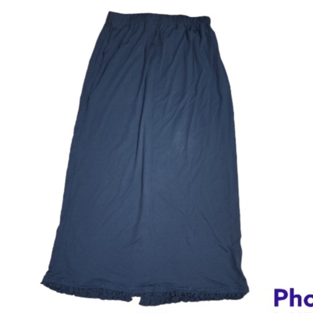 Maxi Skirt Blue Gray 2X Plus Ruffle Slit Elastic Waist Boho Festival Nylon